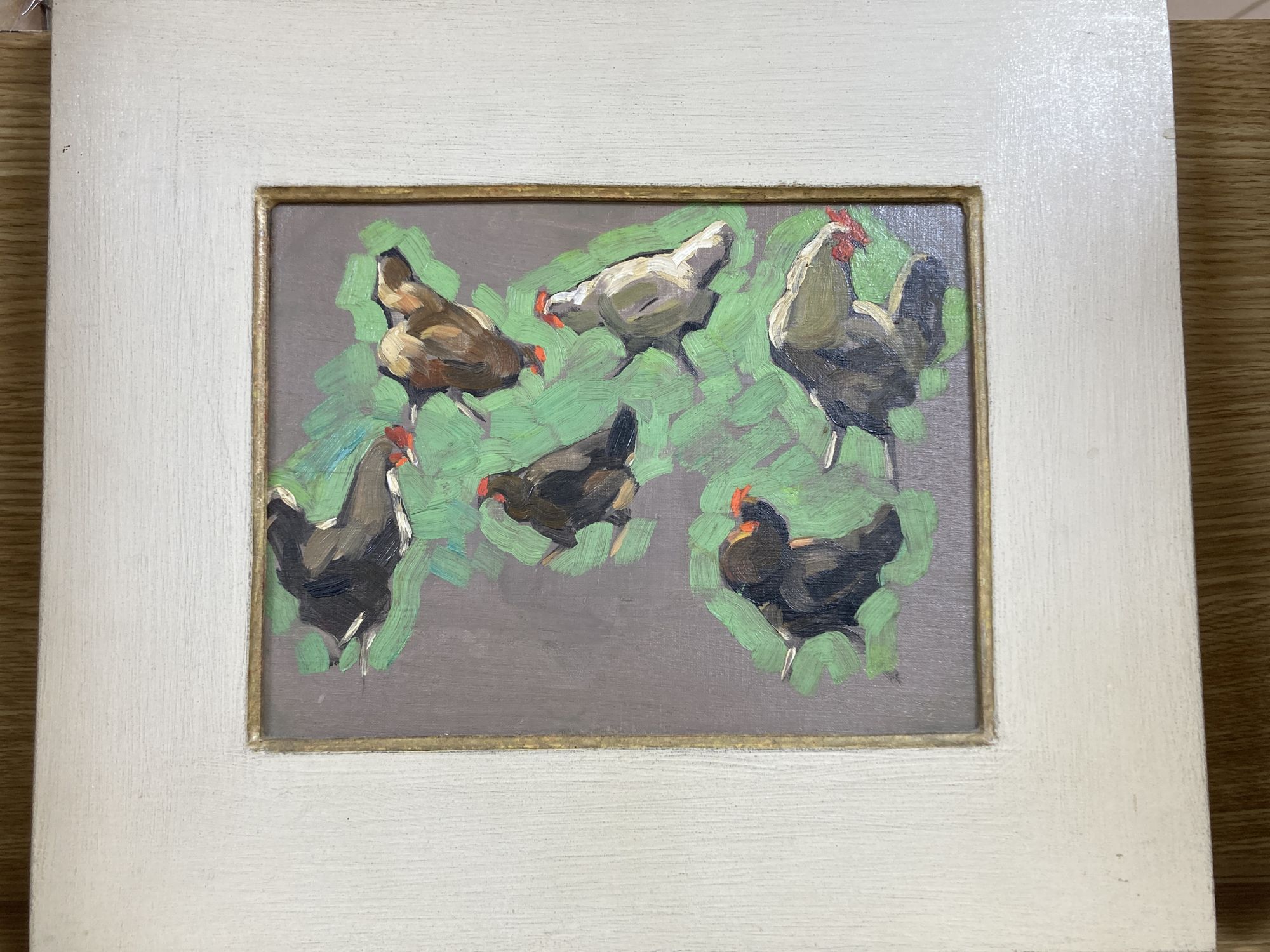 Helen Bryne Bryce (1891-1971), oil on canvas, Study of chickens, label verso, 19 x 25cm